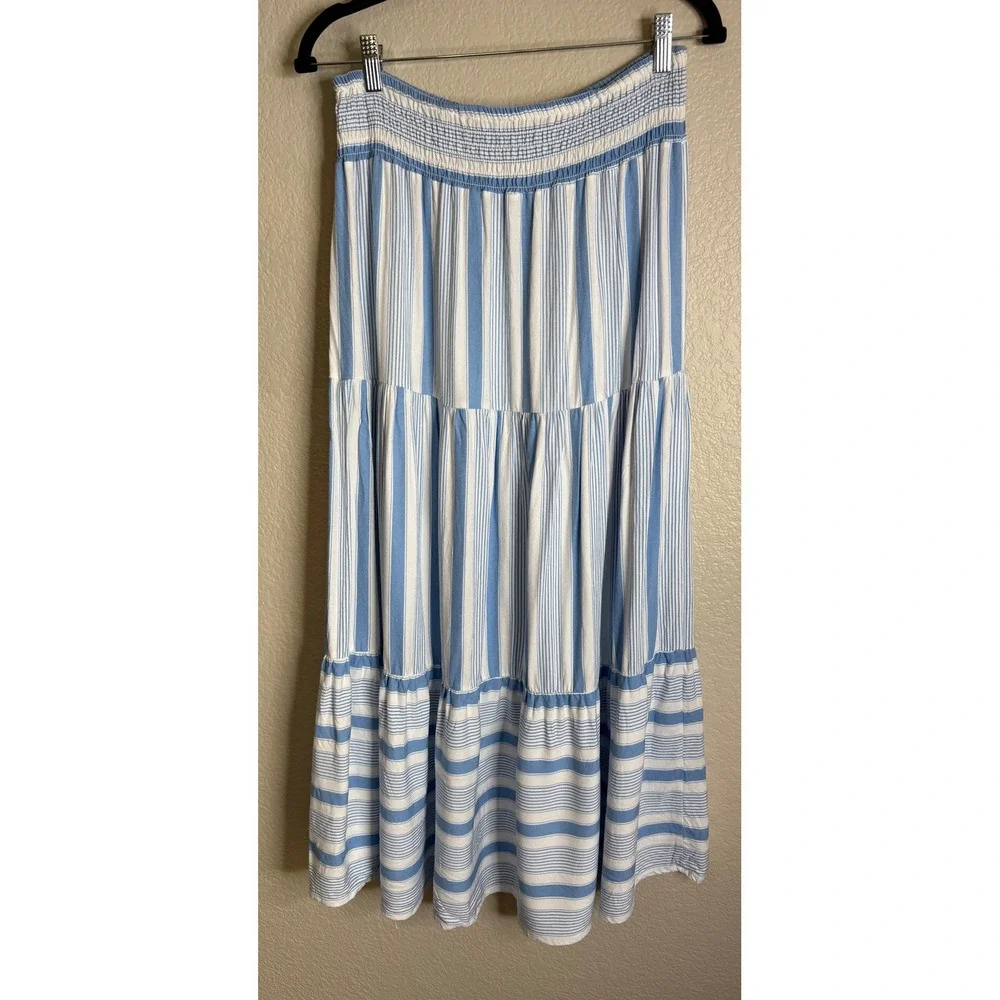 Velvet Heart Women XL Maxi Skirt Blue White Striped Smocked Tiered Boho Nautical
